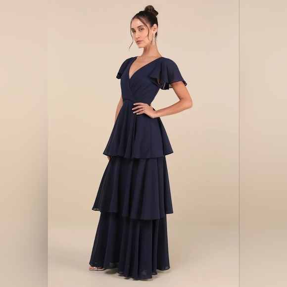 Lulus Sincerely Exquisite Navy Blue Short Sleeve Tiered Maxi Dress S Wedding - Picture 3 of 9